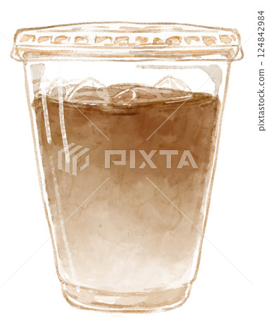 塑膠杯中冰咖啡拿鐵的水彩插圖 124842984