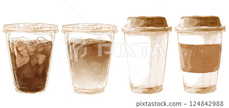 Convenience store coffee watercolor illustration set (hot and iced) Convenience store coffee watercolor illustration set (hot and iced) 124842988
