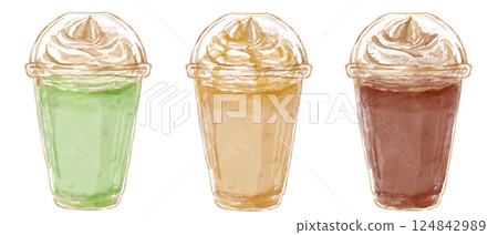 Watercolor illustration set of Frappuccino in take-out cup (matcha, caramel, mocha) 124842989