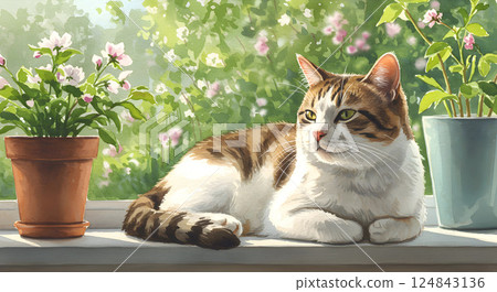 Sunny bliss! Relaxing cat in watercolor style 124843136