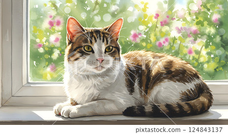 Perfect day for a nap! A watercolor cat relaxing by the window 124843137