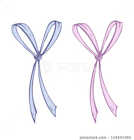 Satin, small, simple bow made of fabric, thin ribbons. Graphic sketch illustration hand drawn line art, outline in blue and pink. Single isolated element vector EPS, for hair decoration, clothes gifts Satin, small, simple bow made of fabric, thin ribbons. Graphic sketch illustration hand drawn line art, outline in blue and pink. Single isolated element vector EPS, for hair decoration, clothes gifts 124843360