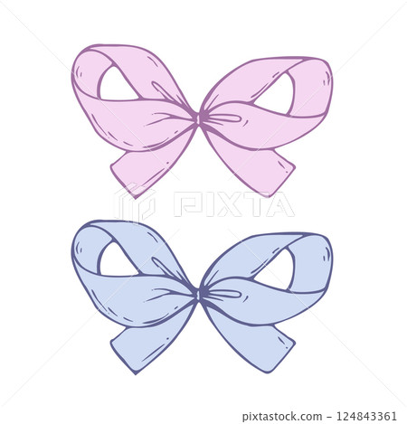 Satin fabric bow, with short wide ribbons. Graphic sketch illustration hand drawn line art, outline in blue and pink. Single isolated element vector EPS, for hair decoration, clothes, gifts, holidays Satin fabric bow, with short wide ribbons. Graphic sketch illustration hand drawn line art, outline in blue and pink. Single isolated element vector EPS, for hair decoration, clothes, gifts, holidays 124843361