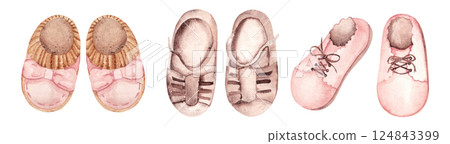Baby Girl Shoes Set. Hand drawn watercolor illustration of Booties and summer Sandals for Kid isolated on a white background. Cute Infant footwear clipart for invitations, Gender party, Baby shower Baby Girl Shoes Set. Hand drawn watercolor illustration of Booties and summer Sandals for Kid isolated on a white background. Cute Infant footwear clipart for invitations, Gender party, Baby shower 124843399