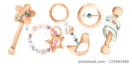 Set of Wooden Eco Baby Girl Rattles and Teethers. Watercolor hand drawn illustration in pink, green and beige tones isolated on white background. Clip art for Kids goods, tags, Baby Shower invitations Set of Wooden Eco Baby Girl Rattles and Teethers. Watercolor hand drawn illustration in pink, green and beige tones isolated on white background. Clip art for Kids goods, tags, Baby Shower invitations 124843400