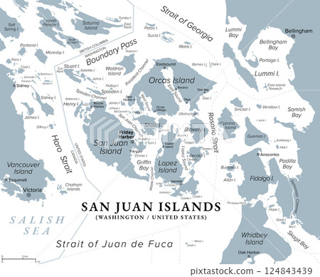 San Juan Islands, part of Washington state, gray political map. Archipelago in the Pacific Northwest of United States, east of Vancouver Island, in the Salish Sea, forming the core of San Juan County. 124843439