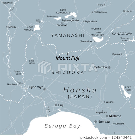 Mount Fuji and vicinity, gray political map. Fujisan, holy and highest mountain of Japan. Active stratovolcano located on Japanese island of Honshu, on boundary of Shizuoka and Yamanashi prefectures. 124843441