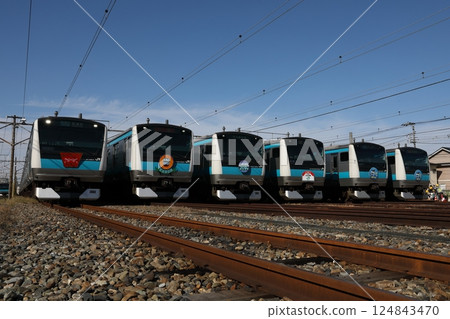 Six Keihin Tohoku Line E233 series trains lined up at the Saitama Vehicle Center Festival 124843470