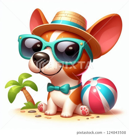 Cute corgi wearing sunglasses, straw hat, and bow tie on the beach with a ball and palm tree. Summer vacation cartoon illustration, isolated on white background 124843508