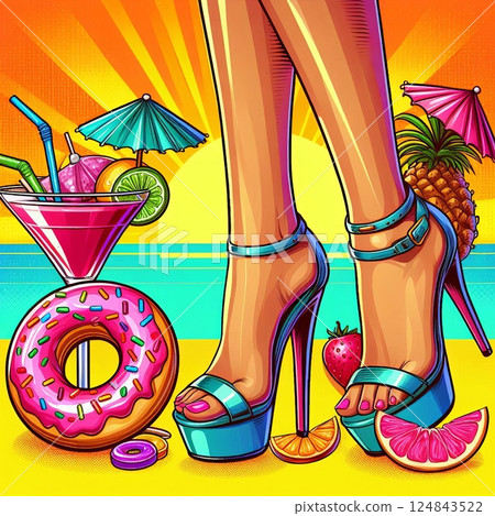 Illustration of female legs in blue high heels with cocktail, donut, fruits, and sunset on beach in pop art style 124843522