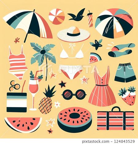 Summer beach essentials seamless pattern with swimwear, drinks, fruits, sunglasses, and umbrella on yellow background. Summer vacation concept 124843529