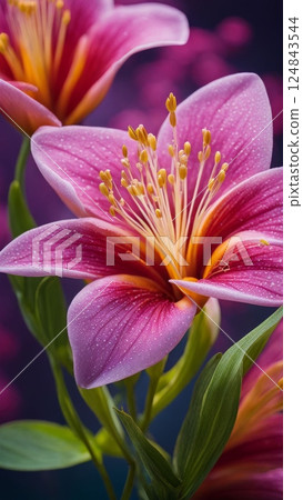 Pink lily flowers with water droplets on petals and green leaves on dark blurred background. Macro shot of blooming floral close-up 124843544