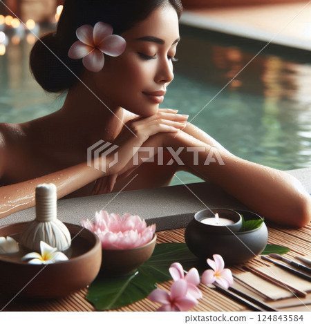 Woman relaxing in spa near pool with flowers, candles, and massage tools. Wellness, beauty, and self-care concept in tropical setting 124843584