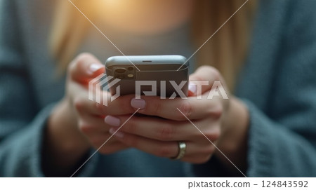 Close-up of woman holding smartphone with pastel nail polish and ring, touchscreen device in hands, soft focus, casual clothing 124843592