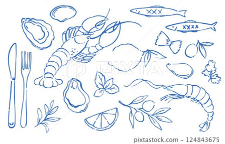 Mediterranean Dolce Vita style vintage illustrations Shrimps and lobster, suitable for restaurant and marine cafe menus. Doodles print 124843675