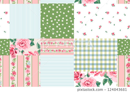 Cute patchwork floral pattern with floral, geometric and handcrafted motifs. Boho style pattern for textiles and decor 124843681