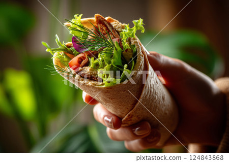 Vegan wrap with plant based meat and fresh greens Vegan wrap with plant based meat and fresh greens 124843868