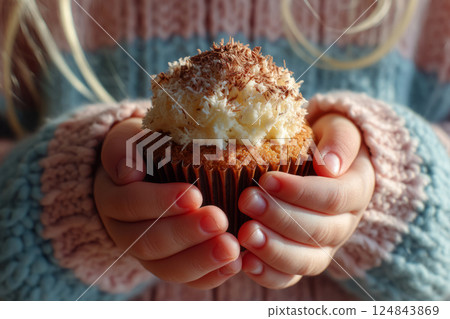Sweet cupcake in child hands with frosting 124843869