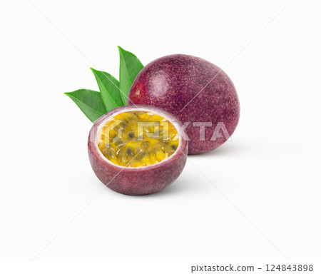 Fresh passion fruits isolated. One and a half maracuya isolated. Granadilla and a half with leaves. 124843898