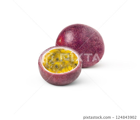 Passion fruits isolated. Maracuya and a half isolated. Granadilla and a cut. Passion fruits isolated. Maracuya and a half isolated. Granadilla and a cut. 124843902