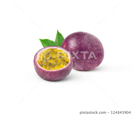 Purple passion fruit with cut in half and green leaf isolated. Maracuya isolated with leaves. 124843904