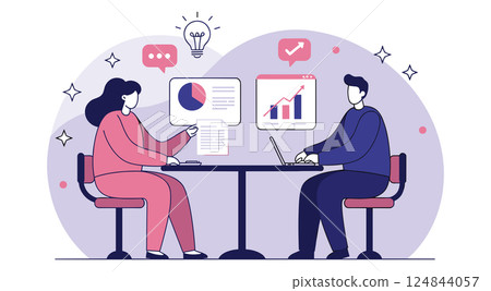 Business professionals analyzing data at office meeting. Woman and man collaborating on financial reports with charts and graphs. Teamwork, strategy planning concept. 124844057