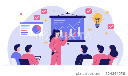 Businesswoman presenting performance data to team audience. Female speaker explaining charts and statistics during corporate meeting. Business presentation, training seminar concept. 124844058