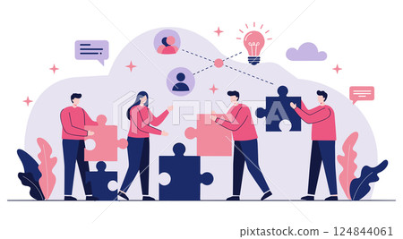 Team building puzzle solution concept. Coworkers connecting jigsaw pieces together. Business collaboration, problem solving, unified strategy concept. 124844061