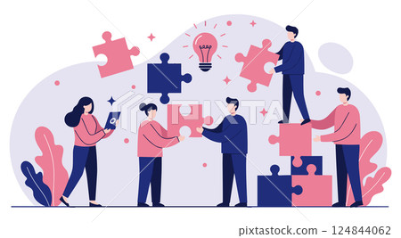 Business team assembling jigsaw puzzle pieces. Colleagues working together on strategic solution. Teamwork, problem solving, project collaboration concept 124844062