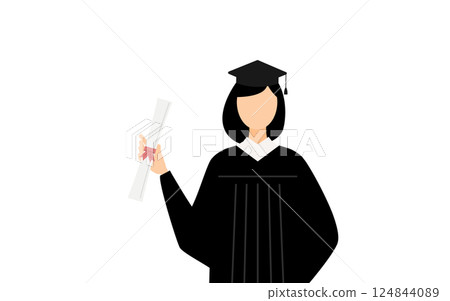 一位身穿畢業服、頭戴學位帽、手拿畢業證書的亞洲女畢業生的簡單插圖 124844089