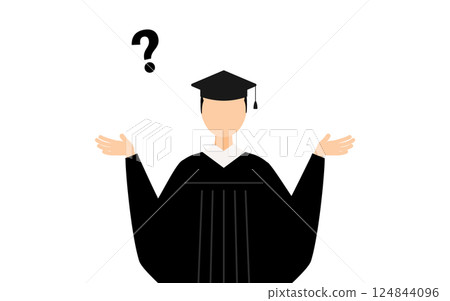 A simple illustration of an Asian male graduate wearing a graduation gown and a mortarboard having a question 124844096