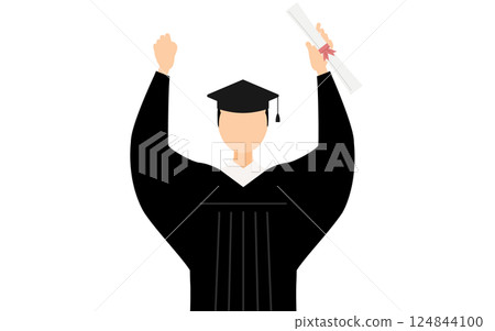 A simple illustration of an Asian male graduate wearing a graduation gown and a mortarboard posing with a diploma 124844100