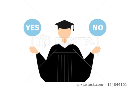 A simple illustration of an Asian male graduate wearing a graduation gown and a mortarboard holding a yes or no stick 124844101
