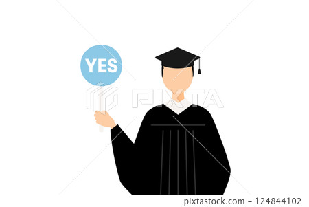 A simple illustration of an Asian male graduate wearing a graduation gown and mortarboard holding a Jesus stick 124844102