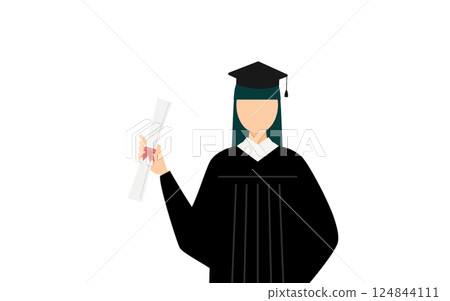 A simple illustration of an Asian female graduate wearing a graduation gown and mortarboard holding a diploma 124844111