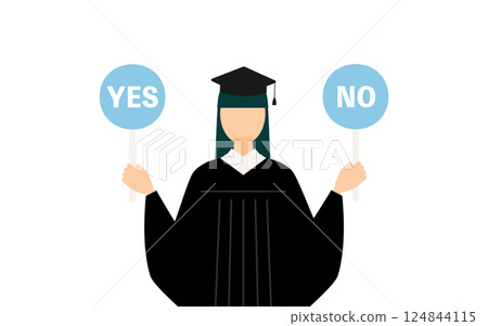 一位身穿畢業服、頭戴學位帽、手拿“是”或“否”標語的亞洲女畢業生的簡單插圖 124844115