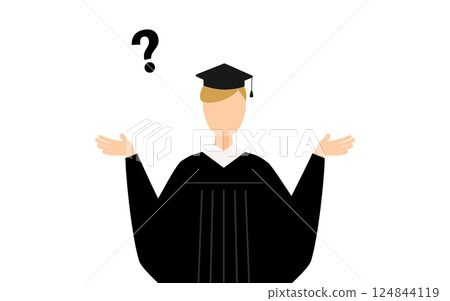 A simple illustration of a Caucasian male graduate wearing a graduation gown and a mortarboard having a question A simple illustration of a Caucasian male graduate wearing a graduation gown and a mortarboard having a question 124844119