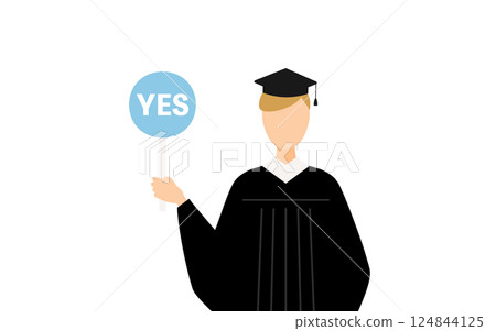 A simple illustration of a Caucasian male graduate wearing a graduation gown and a mortarboard holding a Jesus stick 124844125