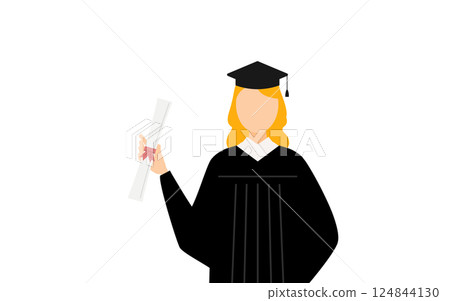 A simple illustration of a Caucasian female graduate wearing a graduation gown and mortarboard holding a diploma 124844130