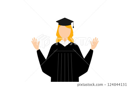 A simple illustration of a Caucasian female graduate wearing a graduation gown and mortarboard raising her hand in surprise A simple illustration of a Caucasian female graduate wearing a graduation gown and mortarboard raising her hand in surprise 124844131