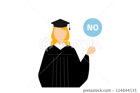 A simple illustration of a Caucasian female graduate wearing a graduation gown and a mortarboard holding a no stick A simple illustration of a Caucasian female graduate wearing a graduation gown and a mortarboard holding a no stick 124844135