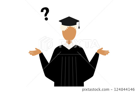 A simple illustration of a black female graduate wearing a graduation gown and a mortarboard having a question A simple illustration of a black female graduate wearing a graduation gown and a mortarboard having a question 124844146