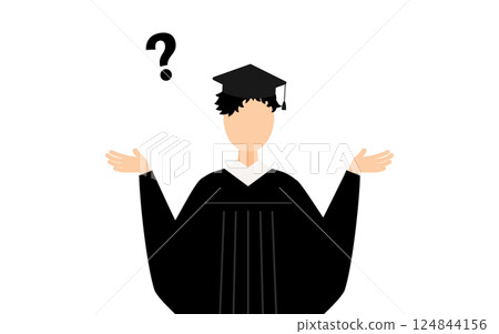 A simple illustration of an Asian male graduate wearing a graduation gown and a mortarboard having a question A simple illustration of an Asian male graduate wearing a graduation gown and a mortarboard having a question 124844156