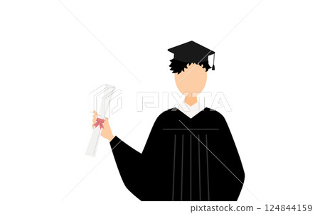 A simple illustration of an Asian male graduate wearing a graduation gown and mortarboard holding a diploma 124844159