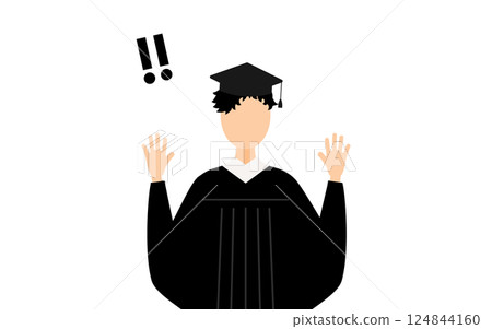 A simple illustration of an Asian male graduate wearing a graduation gown and mortarboard raising his hand in surprise 124844160