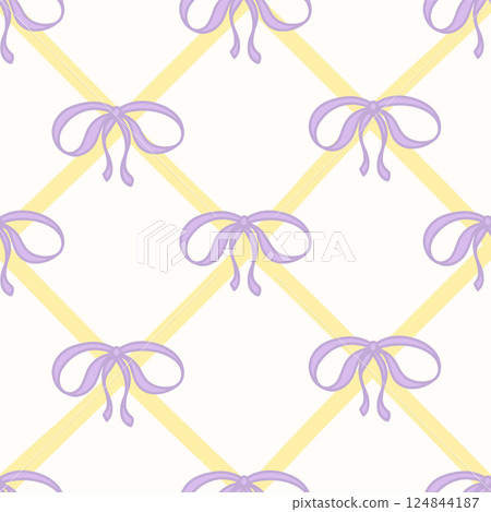 Cute Coquette seamless pattern Lavender Ribbon Bow. Pretty Girly bows on white background with Yellow ribbons. Trendy feminine romantic template for greeting cards, textile, fabric, wallpaper 124844187
