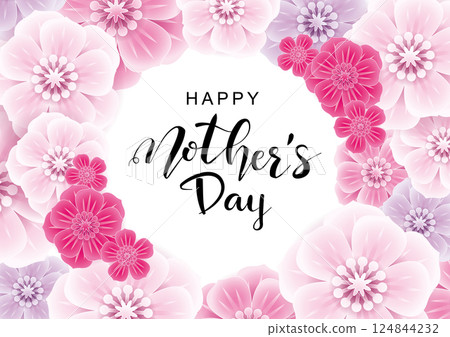 3D立體花朵與圓框，母親節橫幅廣告海報宣傳單向量素材圖片，也適用婦女節、情人節、紀念日、週年、婚禮 124844232