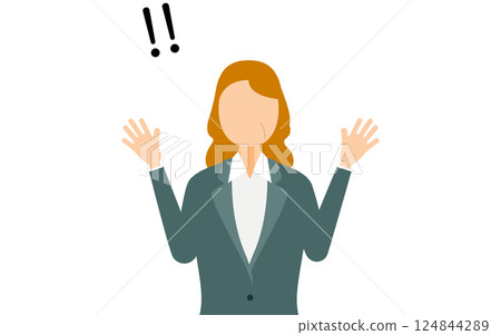 一個簡單的例子，一位穿著西裝的女商人舉起手，感到驚訝 124844289