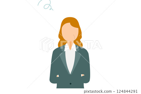 一個簡單的例子，一個穿著西裝的女商人交叉雙臂，憂心忡忡 124844291
