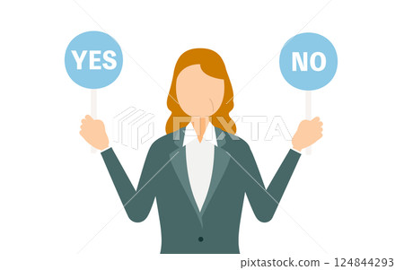 A simple illustration of a business woman in a business suit holding a yes or no stick 124844293
